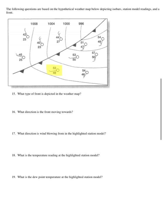 The Following Questions Are Based On The Hypothetical Weather Map Below Depicting Isobars Station Model Readings And A 1