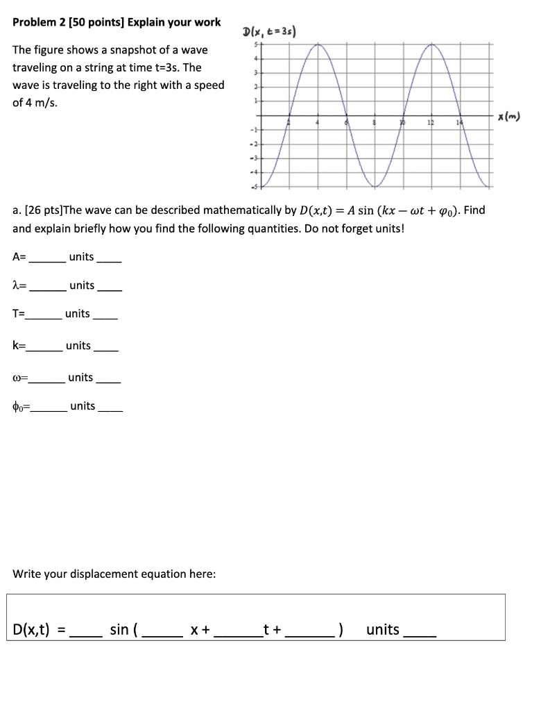 Problem 2 50 Points Explain Your Work Dlx T 3s The Figure Shows A Snapshot Of A Wave Traveling On A String At Time 1