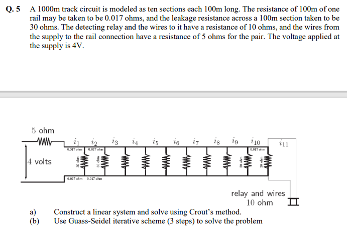 Q 5 A 1000m Track Circuit Is Modeled As Ten Sections Each 100m Long The Resistance Of 100m Of One Rail May Be Taken To 1