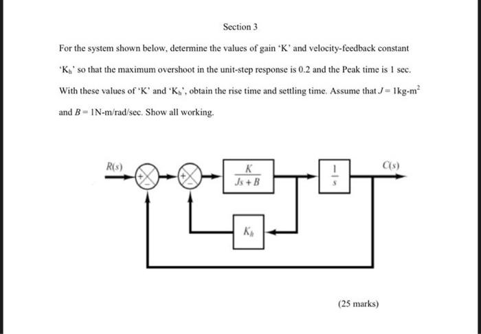Section 3 For The System Shown Below Determine The Values Of Gain K And Velocity Feedback Constant K So That The Ma 1