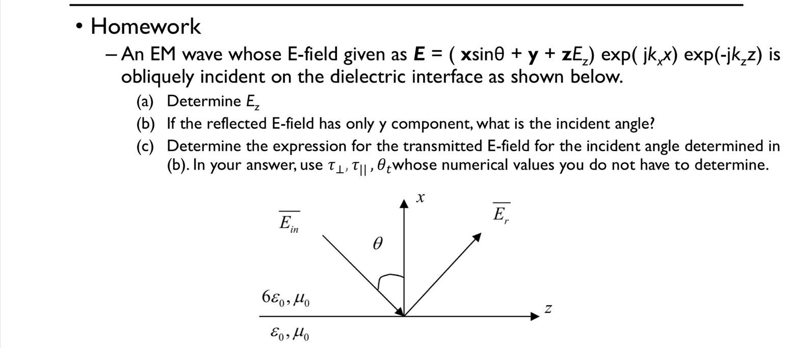 Homework An Em Wave Whose E Field Given As E Xsino Y Ze Exp Jkxx Exp Jk Z Is Obliquely Incident On The 1