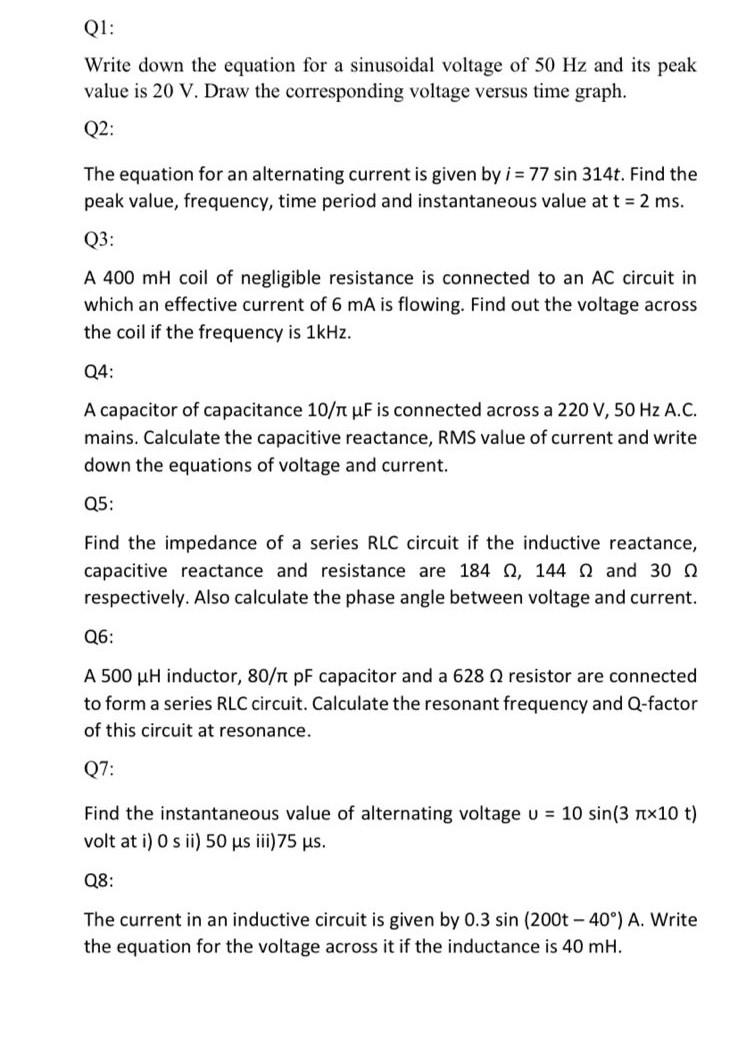 Q1 Write Down The Equation For A Sinusoidal Voltage Of 50 Hz And Its Peak Value Is 20 V Draw The Corresponding Voltage 1