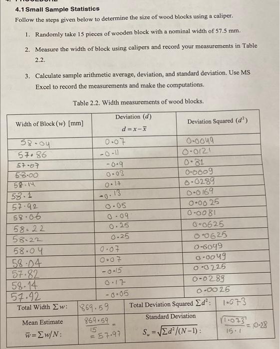4 1 Small Sample Statistics Follow The Steps Given Below To Determine The Size Of Wood Blocks Using A Caliper 1 Random 1