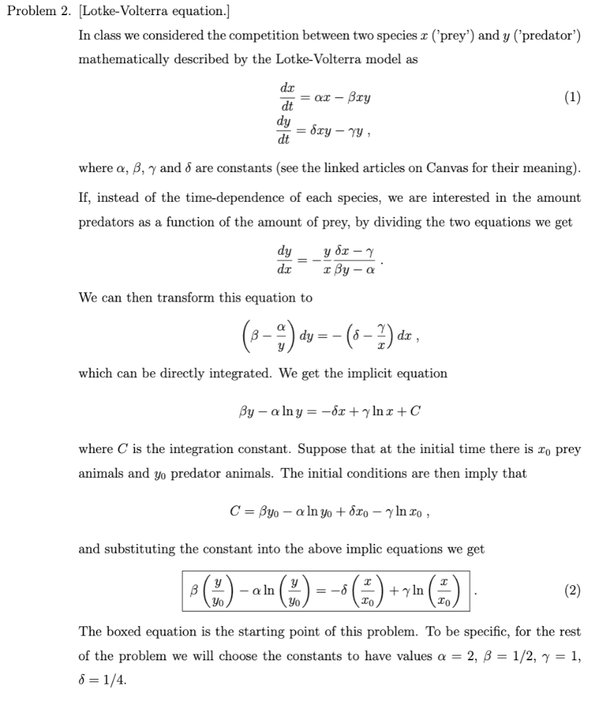 Problem 2 Lotke Volterra Equation In Class We Considered The Competition Between Two Species X Prey And Y Pred 1