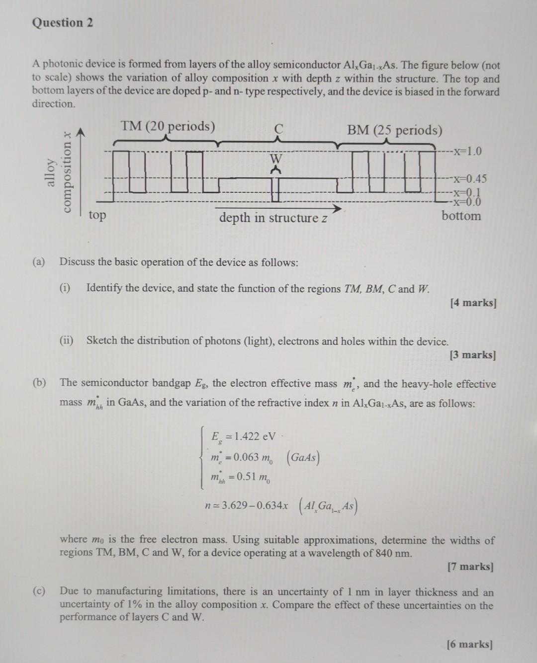 Question 2 A Photonic Device Is Formed From Layers Of The Alloy Semiconductor Al Ga Xas The Figure Below Not To Scale 1