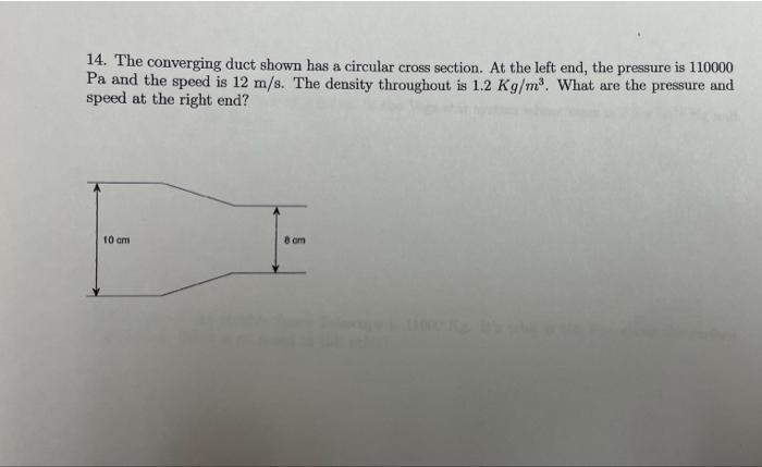 14 The Converging Duct Shown Has A Circular Cross Section At The Left End The Pressure Is 110000 Pa And The Speed Is 1