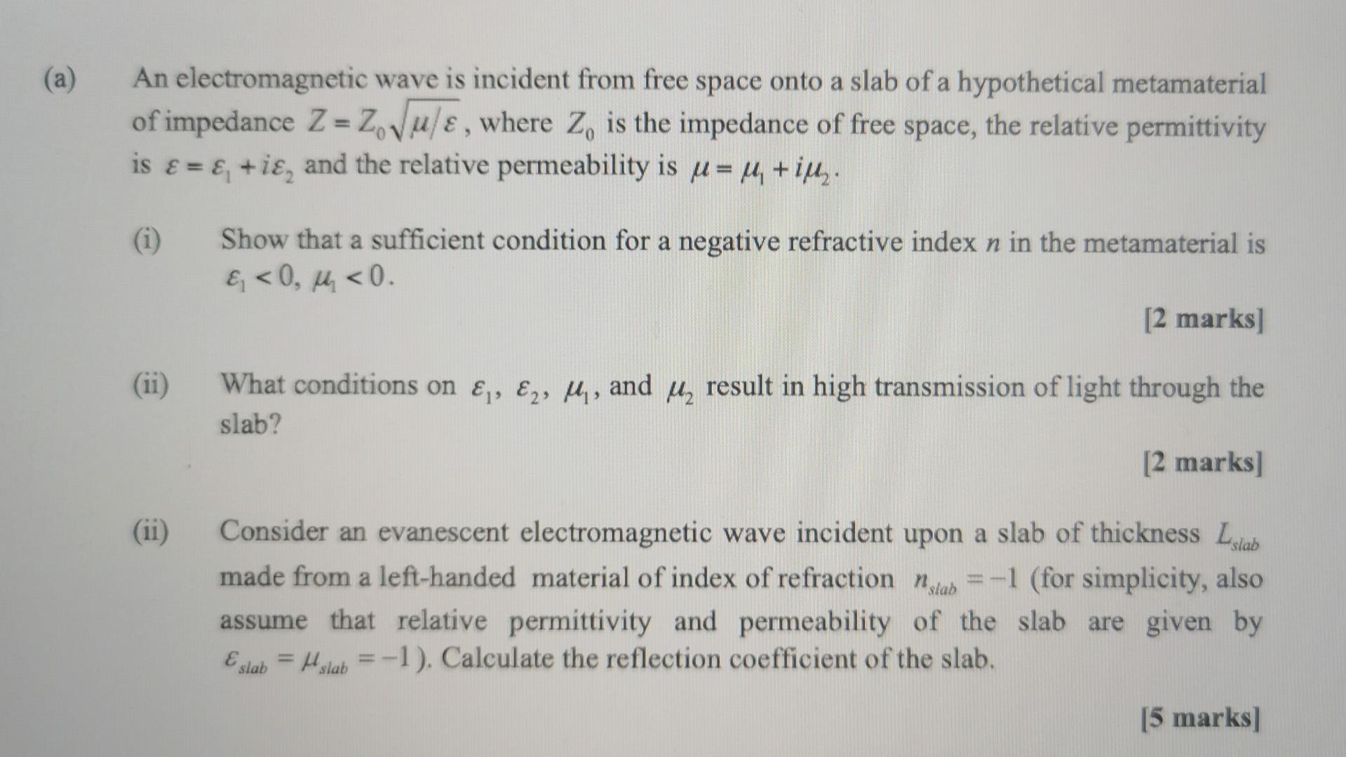 A An Electromagnetic Wave Is Incident From Free Space Onto A Slab Of A Hypothetical Metamaterial Of Impedance Z Zvu 1
