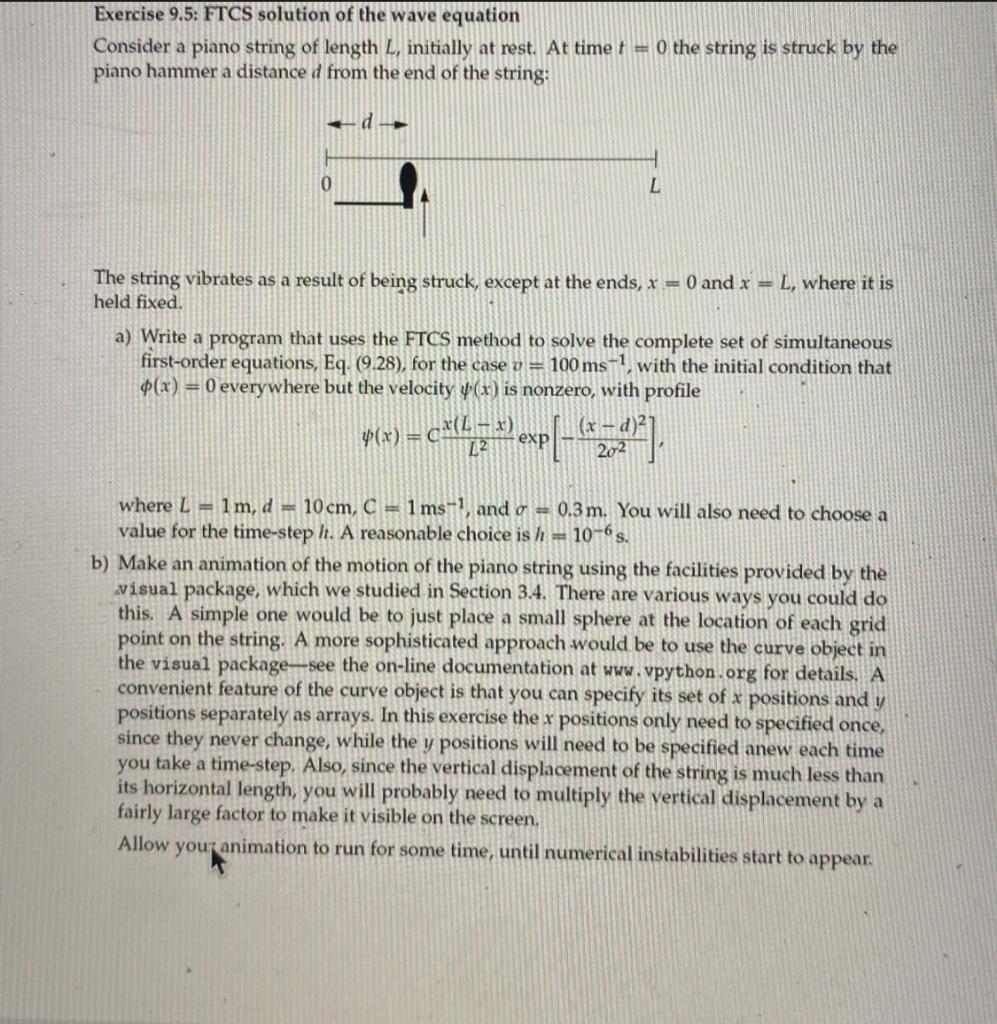 Exercise 9 5 Ftcs Solution Of The Wave Equation Consider A Piano String Of Length L Initially At Rest At Time T 0 Th 1