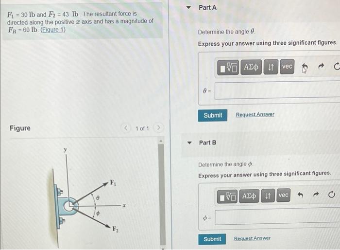 Part A F1 30 Lb And F2 43 Lb The Resultant Force Is Directed Along The Positive Z Axis And Has A Magnitude Of Fr 6 1