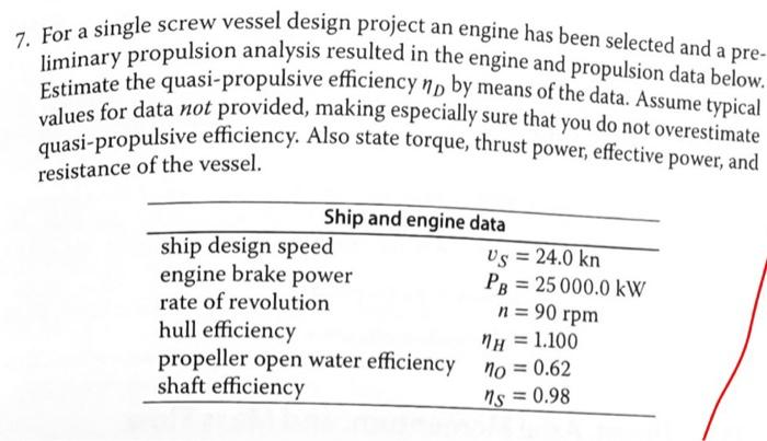 7 For A Single Screw Vessel Design Project An Engine Has Been Selected And A Pre Liminary Propulsion Analysis Resulted 1
