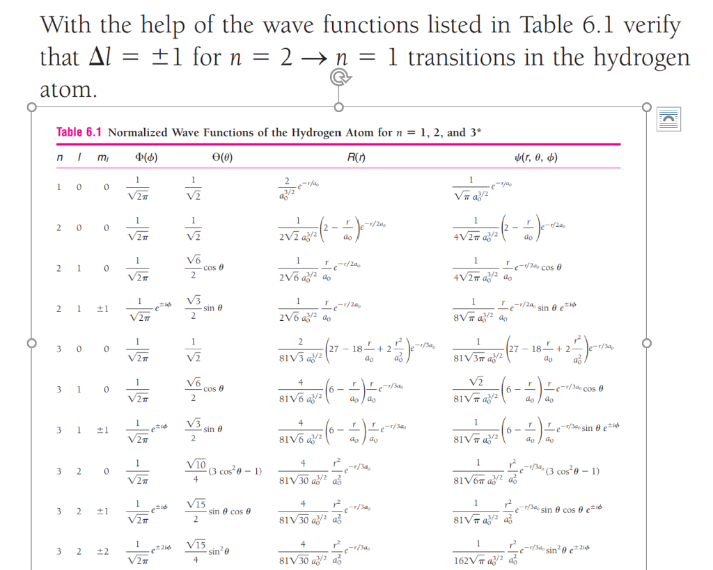 With The Help Of The Wave Functions Listed In Table 6 1 Verify That Al 1 For N 2 N 1 Transitions In The Hydrogen 1
