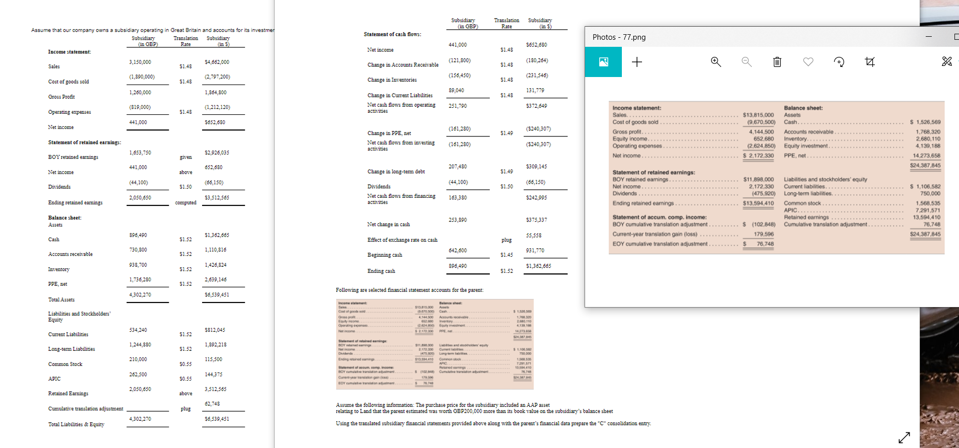 Using The Translated Subsidiary Financial Statements Provided Above Along With The Parent S Financial Data Prepare The 1