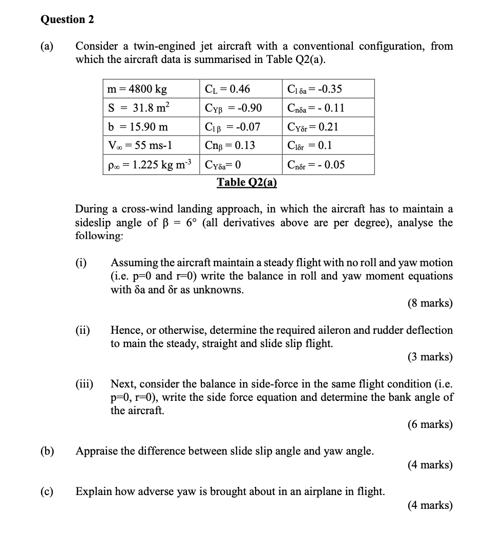 Question 2 A Consider A Twin Engined Jet Aircraft With A Conventional Configuration From Which The Aircraft Data Is S 1