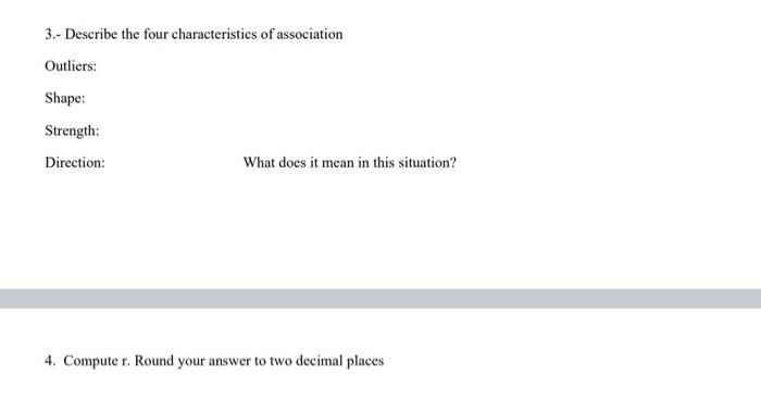 3 Describe The Four Characteristics Of Association Outliers Shape Strength Direction What Does It Mean In This Sit 1