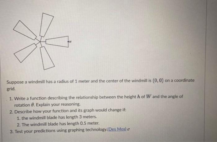 W Suppose A Windmill Has A Radius Of 1 Meter And The Center Of The Windmill Is 0 0 On A Coordinate Grid 1 Write A Fu 1