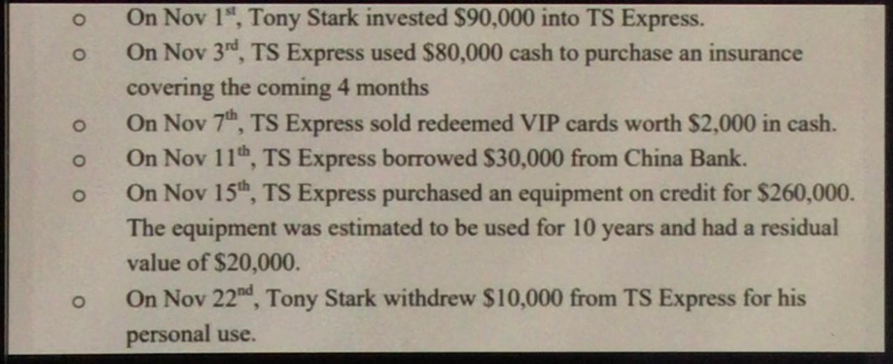 Ts Express Is A Delivery Company Established On Jan 5th 2021 And Operated By Tony Stark The Following Lete Transaction 1