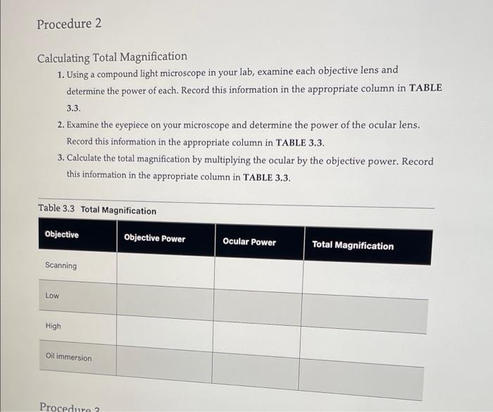 Procedure 2 Calculating Total Magnification 1 Using A Compound Light Microscope In Your Lab Examine Each Objective Len 1