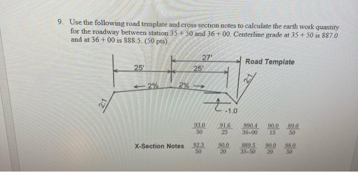 9 Use The Following Road Template And Cross Section Notes To Calculate The Earth Work Quantity For The Roadway Between 1
