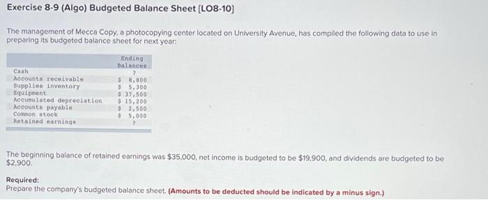 Exercise 8 9 Algo Budgeted Balance Sheet L08 10 The Management Of Mecca Copy A Photocopying Center Located On Unive 1