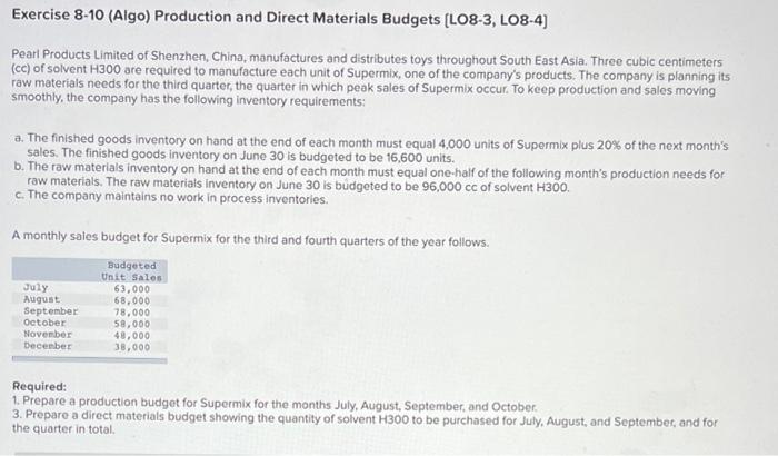 Exercise 8 10 Algo Production And Direct Materials Budgets L08 3 Lo8 4 Pearl Products Limited Of Shenzhen China M 1