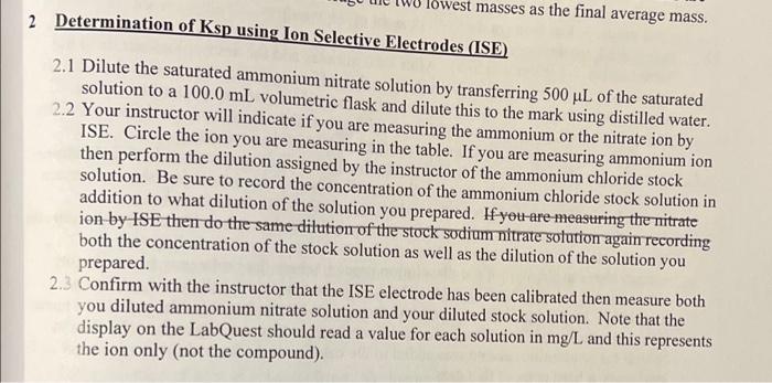Lowest Masses As The Final Average Mass 2 Determination Of Ksp Using Ion Selective Electrodes Ise 2 1 Dilute The Satu 1