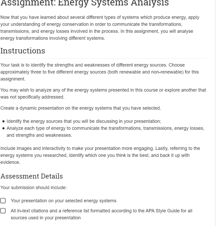 Assignment Energy Systems Analysis Now That You Have Learned About Several Different Types Of Systems Which Produce Ene 1