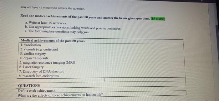 You Will Have 45 Minutes To Answer The Question Read The Medical Achievements Of The Past 50 Years And Answer The Below 1