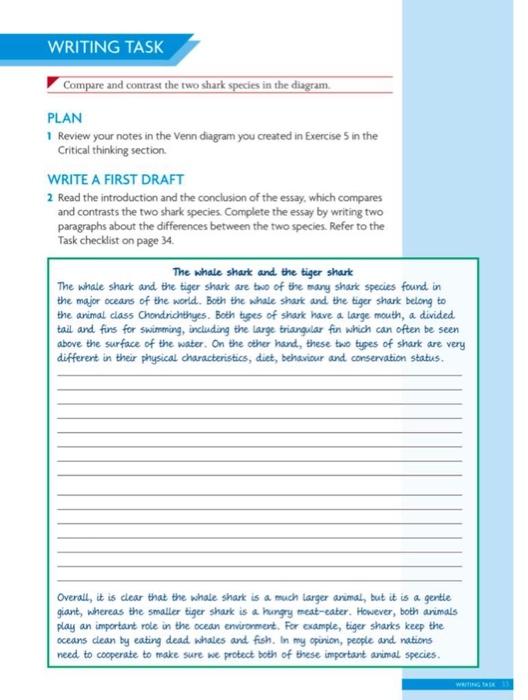 Writing Task Compare And Contrast The Two Shark Species In The Diagram Plan 1 Review Your Notes In The Venn Diagram You 1