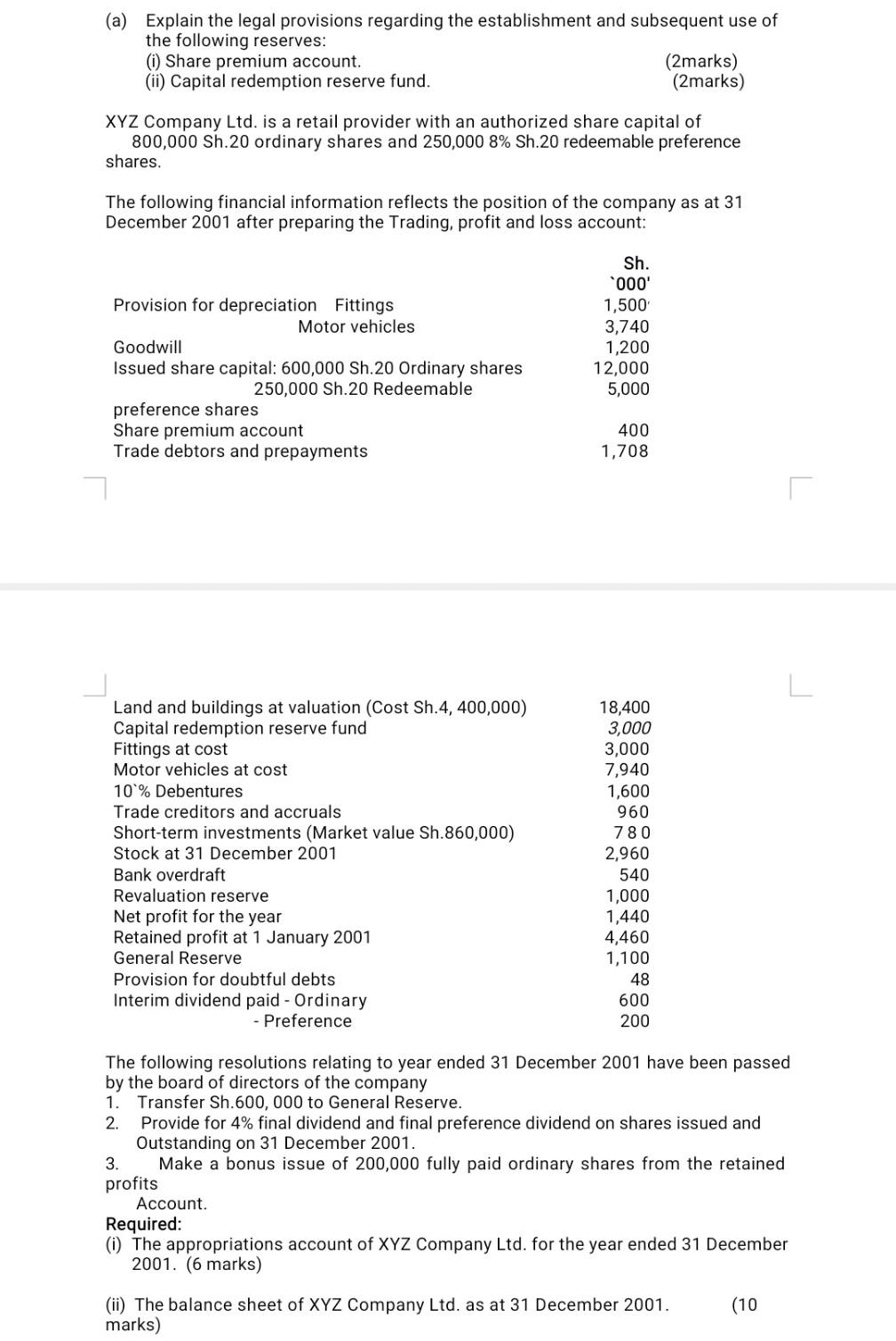 A Explain The Legal Provisions Regarding The Establishment And Subsequent Use Of The Following Reserves I Share Pre 1