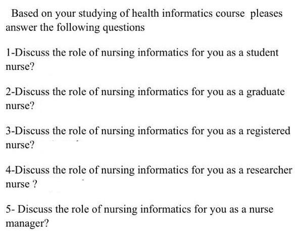 Based On Your Studying Of Health Informatics Course Pleases Answer The Following Questions 1 Discuss The Role Of Nursing 1
