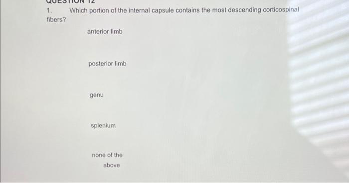 1 Fibers Which Portion Of The Internal Capsule Contains The Most Descending Corticospinal Anterior Limb Posterior Limb 1
