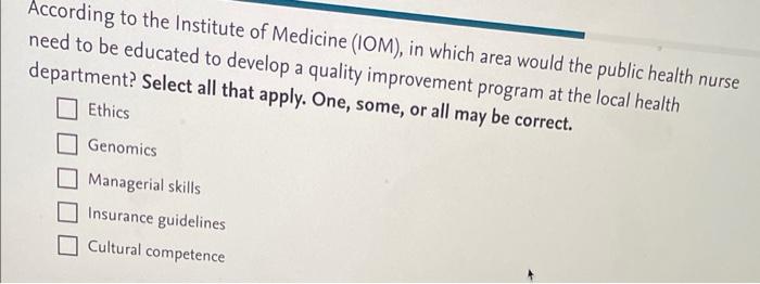 According To The Institute Of Medicine Iom In Which Area Would The Public Health Nurse Need To Be Educated To Develop 1