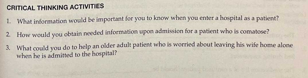 Critical Thinking Activities 1 What Information Would Be Important For You To Know When You Enter A Hospital As A Patie 1