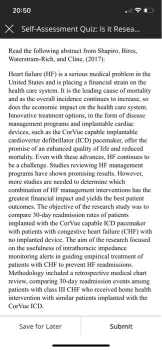 20 50 X Self Assessment Quiz Is It Resea Read The Following Abstract From Shapiro Bires Waterstram Rich And Cline 1