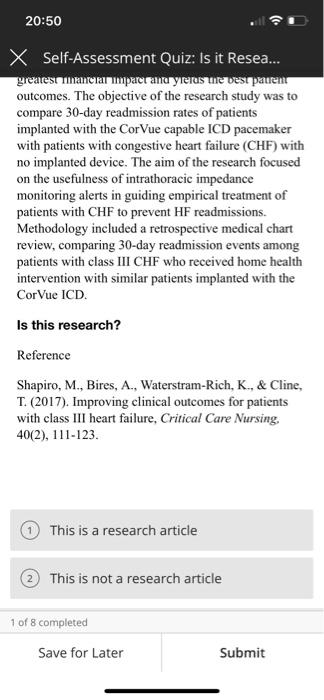 20 50 X Self Assessment Quiz Is It Resea Read The Following Abstract From Shapiro Bires Waterstram Rich And Cline 2