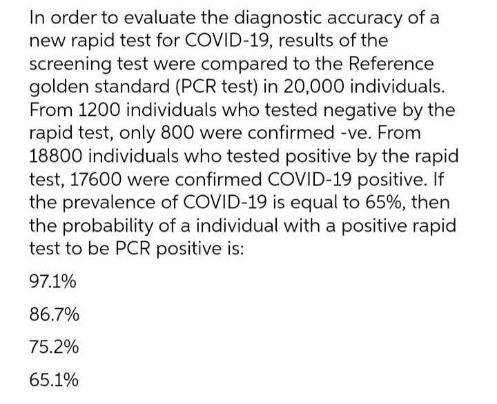 In Order To Evaluate The Diagnostic Accuracy Of A New Rapid Test For Covid 19 Results Of The Screening Test Were Compar 1