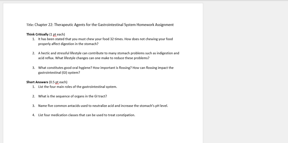 Title Chapter 22 Therapeutic Agents For The Gastrointestinal System Homework Assignment Think Critically 1 Pt Each 1 1