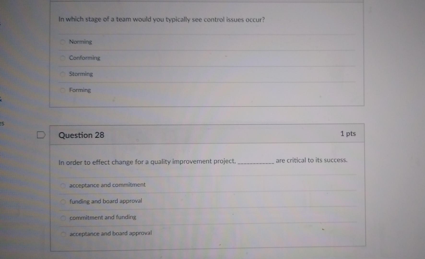 In Which Stage Of A Team Would You Typically See Control Issues Occur Norming Conforming Storming Forming Es Question 2 1