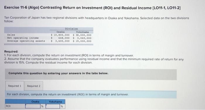 Exercise 11 6 Algo Contrasting Return On Investment Roi And Residual Income Lo11 1 Lo11 2 Ten Corporation Of Japa 1