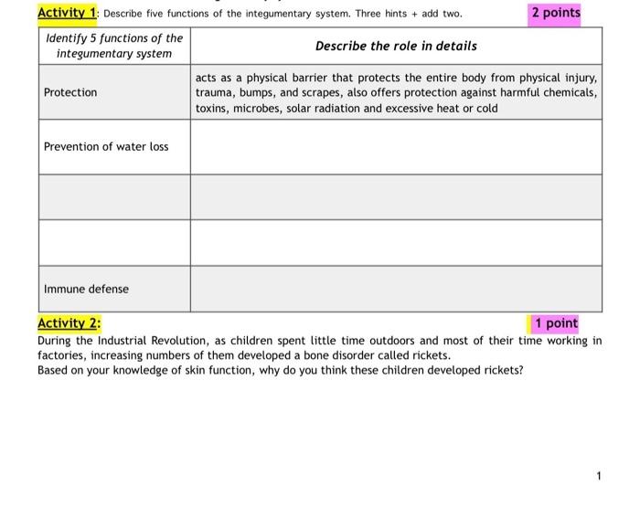 Activity 1 Describe Five Functions Of The Integumentary System Three Hints Add Two 2 Points Identify 5 Functions Of 1