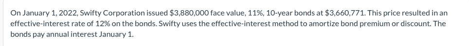 On January 1 2022 Swifty Corporation Issued 3 880 000 Face Value 11 10 Year Bonds At 3 660 771 This Price Result 1