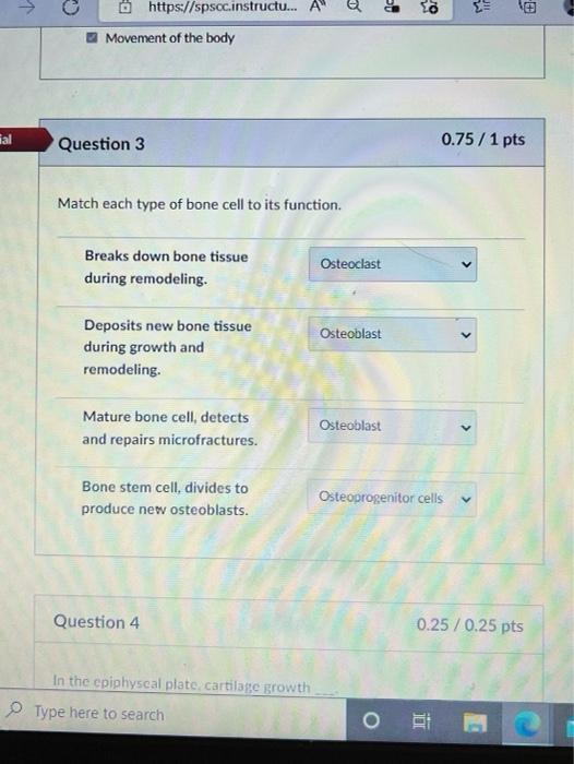 C 1 Jo Tif Https Spsccinstructu A Movement Of The Body Question 3 0 75 1 Pts Match Each Type Of Bone Cell To Its F 1