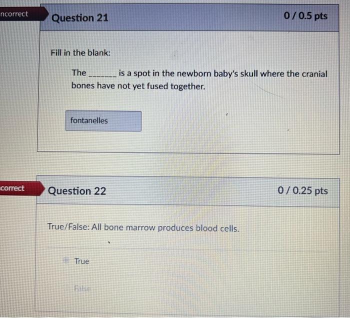 Ncorrect Question 21 0 0 5 Pts Fill In The Blank The Is A Spot In The Newborn Baby S Skull Where The Cranial Bones 1