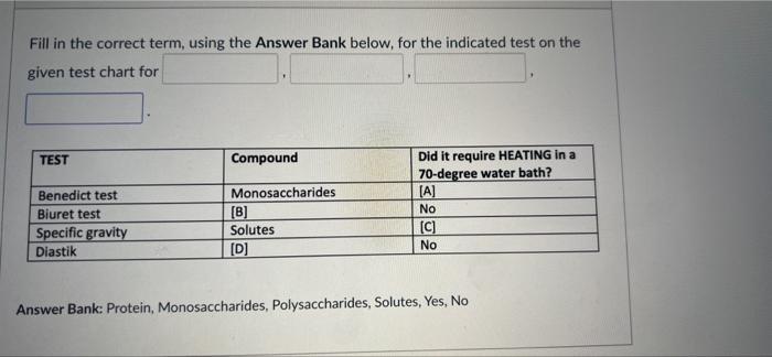 Fill In The Correct Term Using The Answer Bank Below For The Indicated Test On The Given Test Chart For Test Compound 1