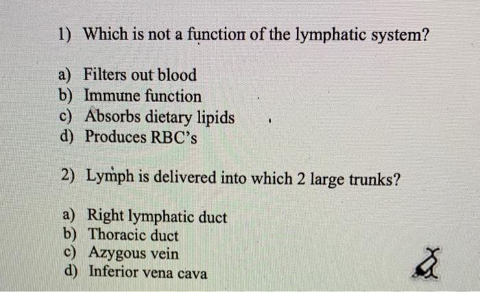1 Which Is Not A Function Of The Lymphatic System A Filters Out Blood B Immune Function C Absorbs Dietary Lipids D 1