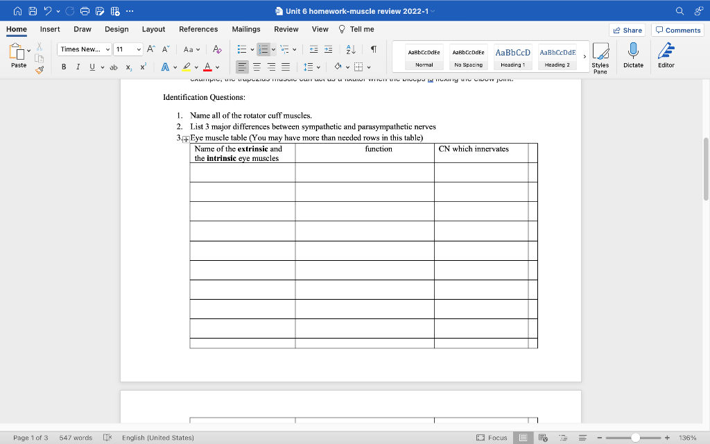 Aa2016 Q Unit 6 Homework Muscle Review 2022 1 Review View Tell Me Home Insert Draw Design Layout References Mailings E 1