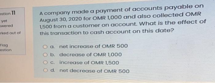 Astion 11 Yet Swered Rked Out Of A Company Made A Payment Of Accounts Payable On August 30 2020 For Omr 1 000 And Also 1