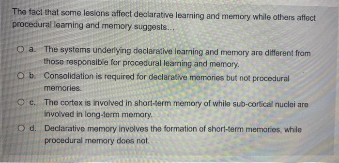 The Fact That Some Lesions Affect Declarative Learning And Memory While Others Affect Procedural Learning And Memory Sug 1