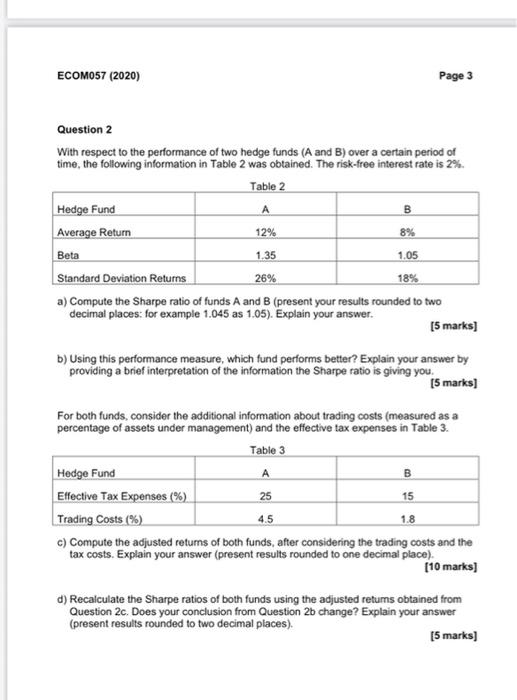 Ecomo57 2020 Page 3 B Question 2 With Respect To The Performance Of Two Hedge Funds A And B Over A Certain Period Of 1