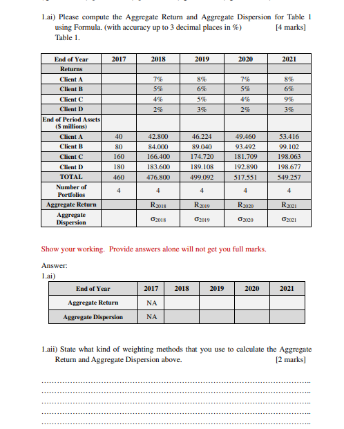 1 Ai Please Compute The Aggregate Return And Aggregate Dispersion For Table 1 Using Formula With Accuracy Up To 3 Dec 1